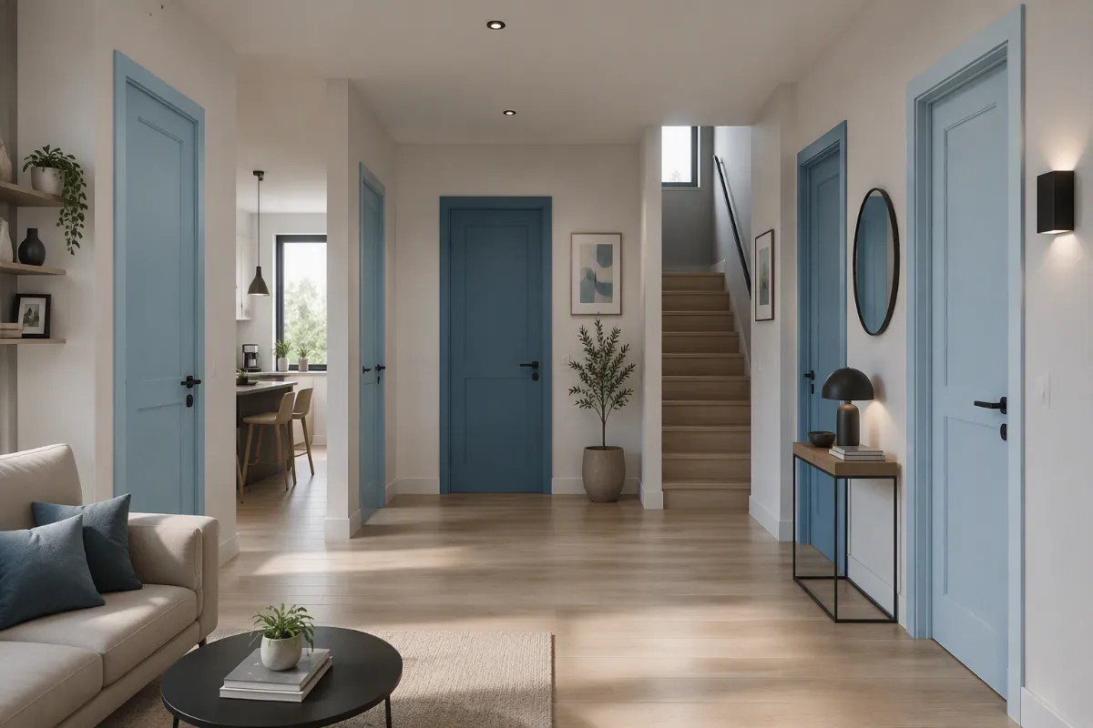 Interno luminoso con porte azzurre, pavimento in legno, scala, divano e tavolino nero.