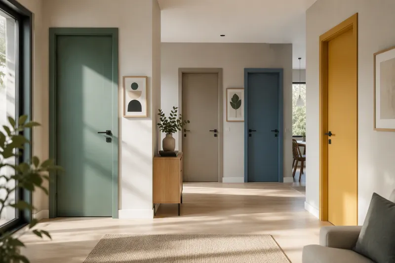 Interno luminoso con porte verde, beige, blu e gialla, pavimento in legno e piante decorative.